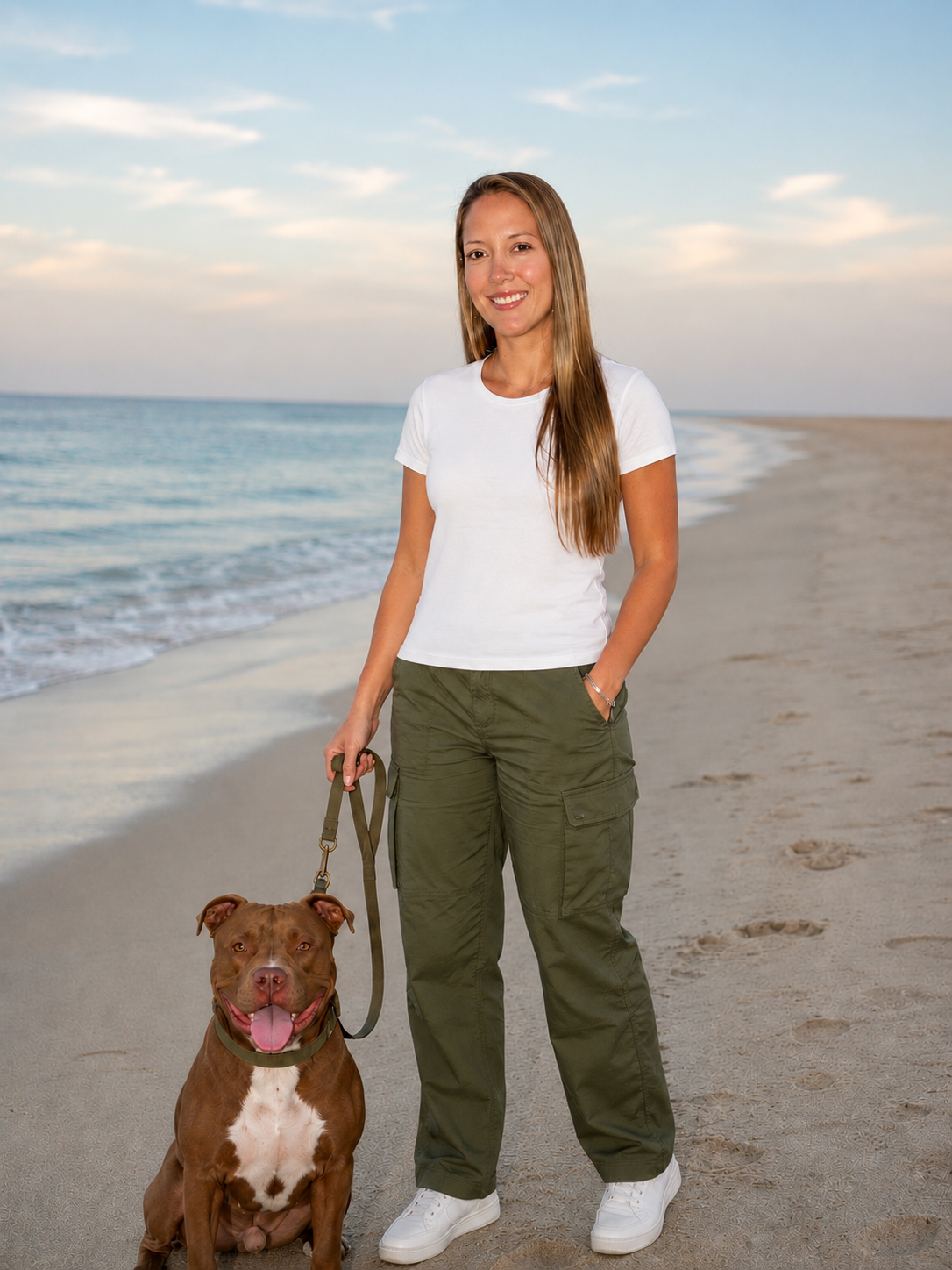Erin Petrie, Coastal Dog Training LLC, with her dog on the beach
